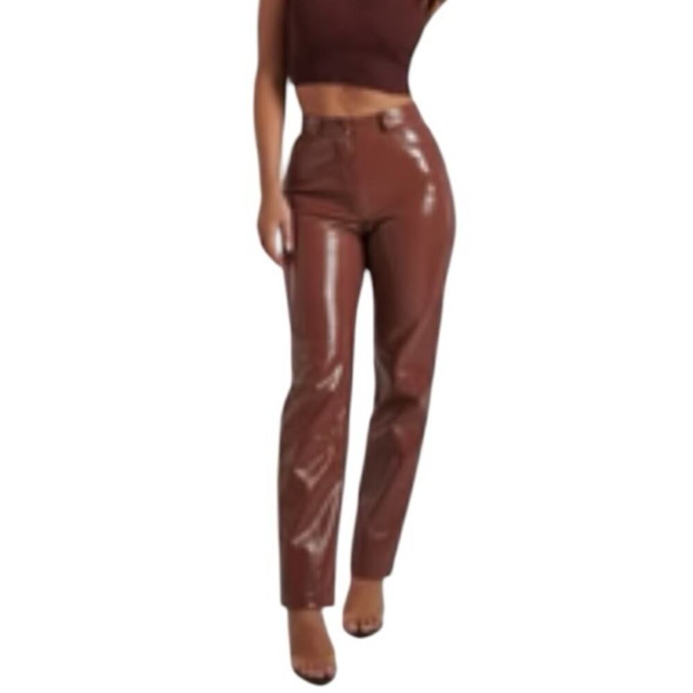 Meshki Oakleigh Faux Leather Pants Size L High Rise Straight Leg Cherry Brown